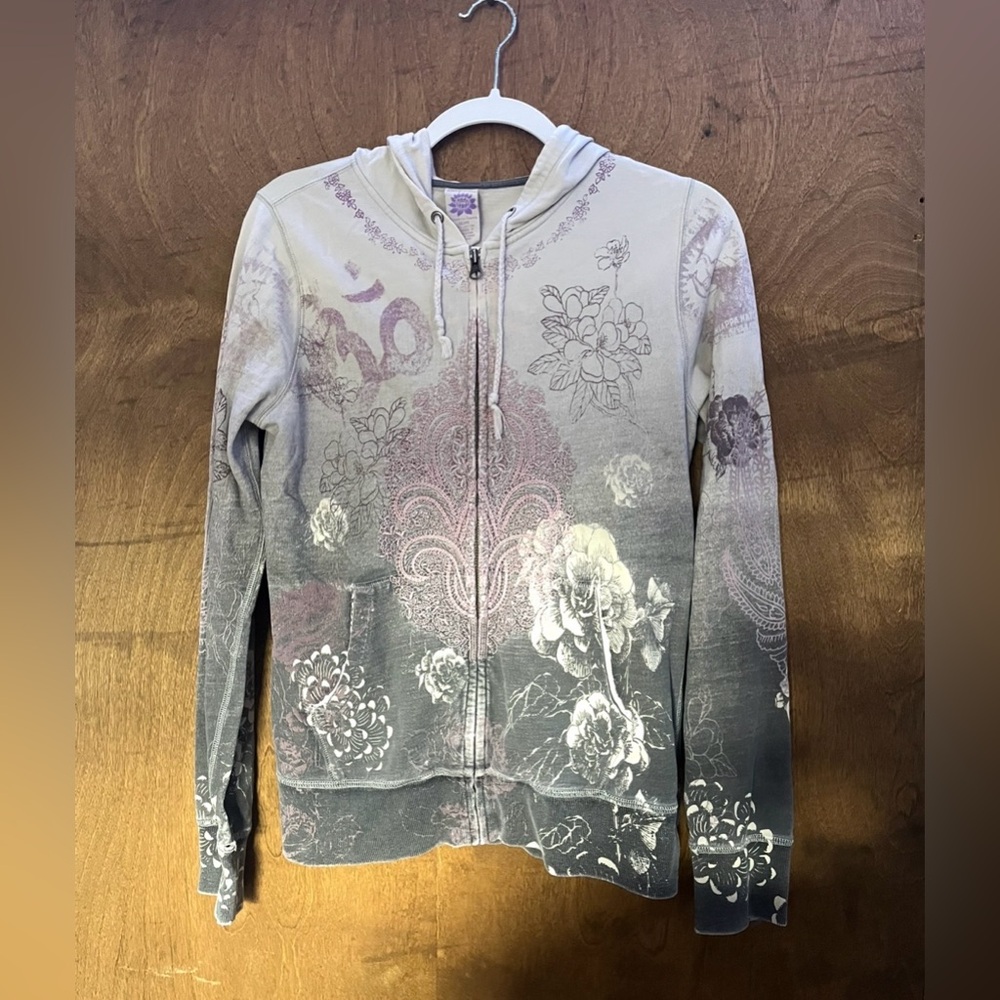 Lucky Brand floral-embroidered zip-up hoodie sweatshirt size medium